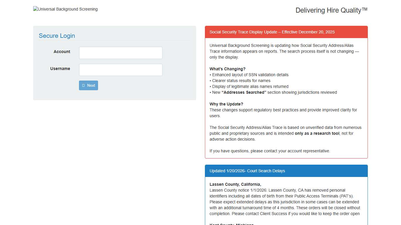 Secure Login Universal Background Screening